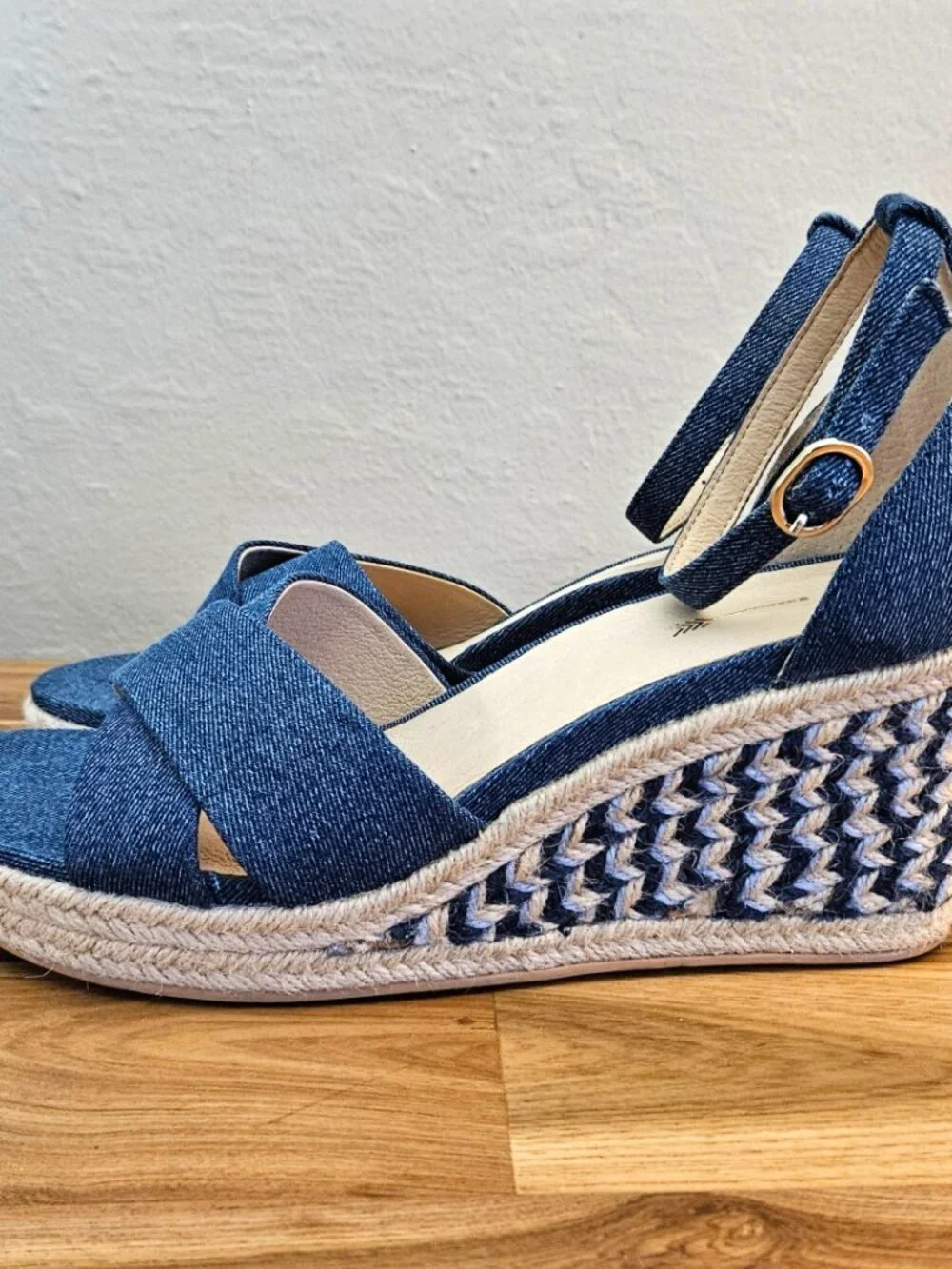 Frankie4 Baker Ankle Strap Espadrille Platform Wedge, Denim Canvas, Size 10